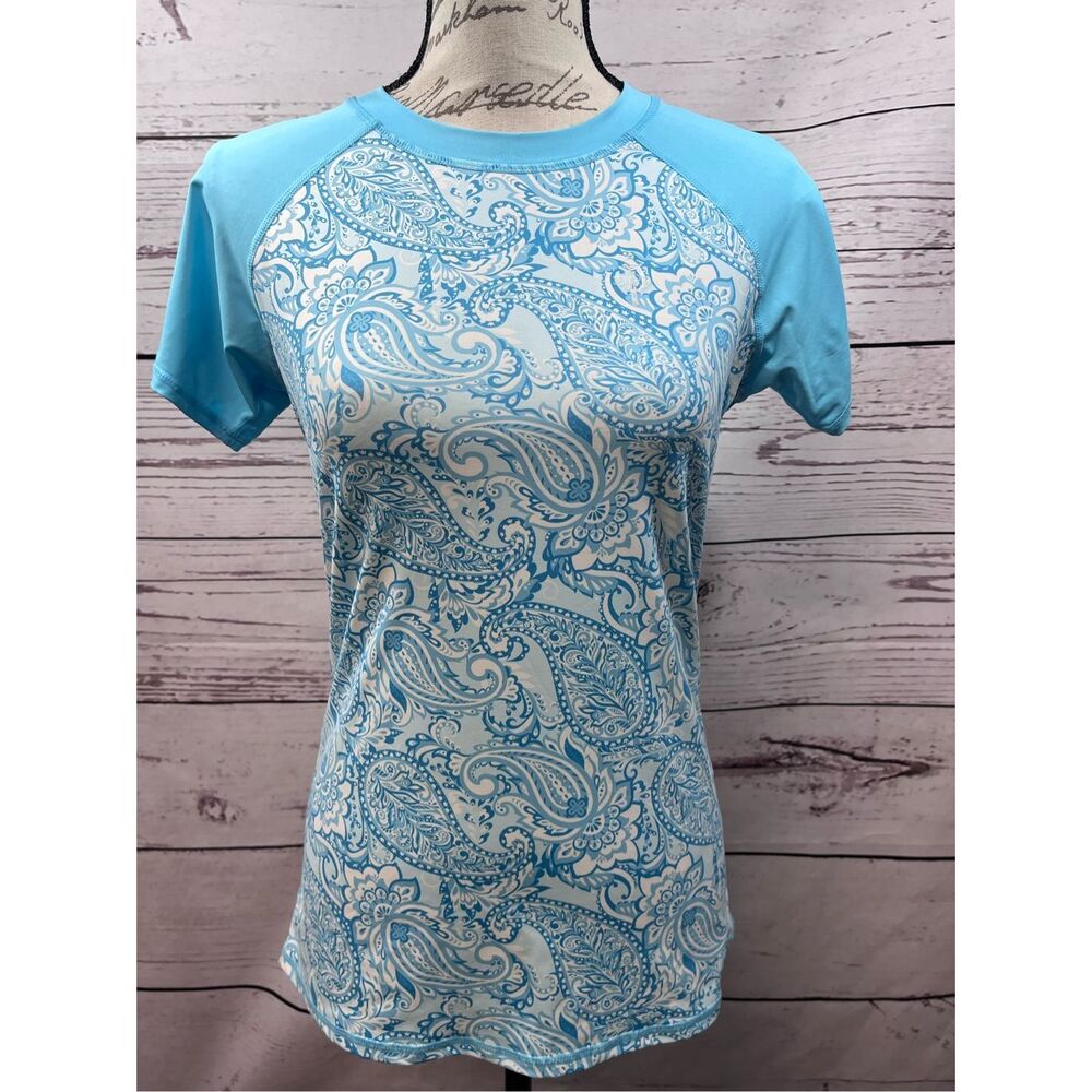 LRD Performance Women's Turquoise Paisley Print Short Sleeve Athletic Top Size M